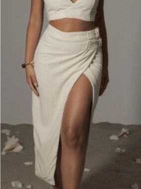 JLUXLABEL Cream Asymmetric Wrap Maxi Skirt with Side Buckles